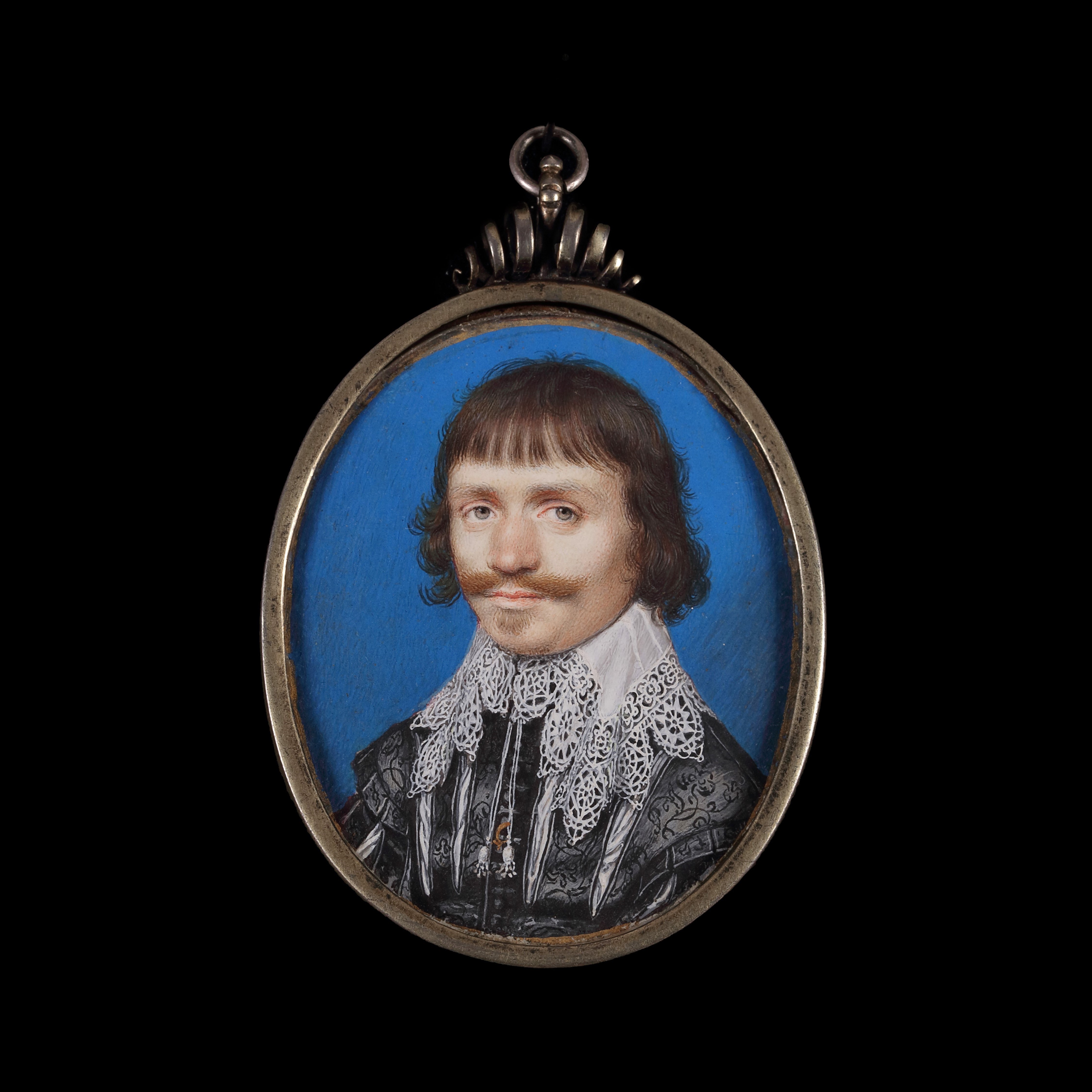 Portrait miniature of an unknown Gentleman, wearing a black ‘pinked’ doublet, lace lawn collar with a gold ring tied to the tasseled ends, his hair worn with a fringe; circa 1630s